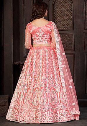 Embroidered Net Lehenga in Peach