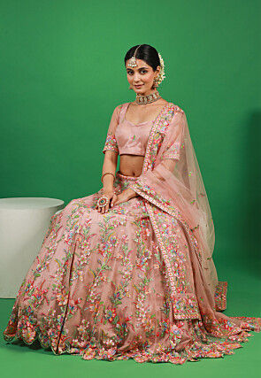 Embroidered Net Lehenga in Peach