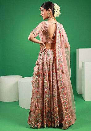 Embroidered Net Lehenga in Peach