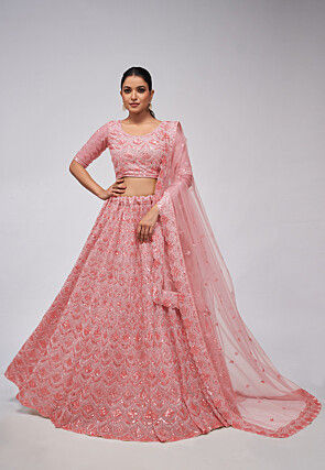 Embroidered Net Lehenga in Peach