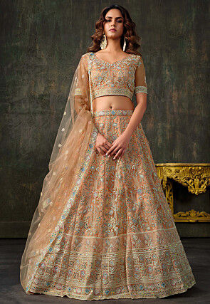 Embroidered Net Lehenga in Peach