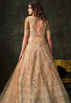 Embroidered Net Lehenga in Peach