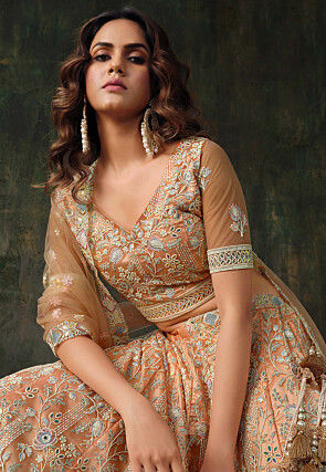 Embroidered Net Lehenga in Peach