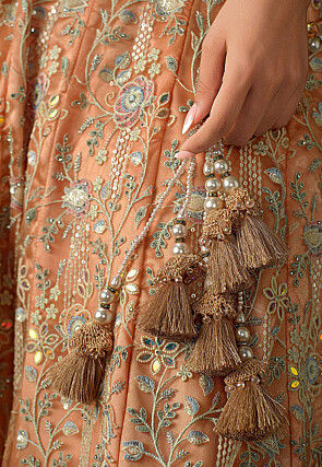 Embroidered Net Lehenga in Peach