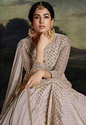 Embroidered Net Lehenga in Grey