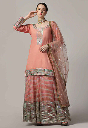 Embroidered Net Lehenga in Peach
