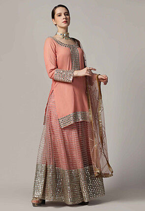 Embroidered Net Lehenga in Peach
