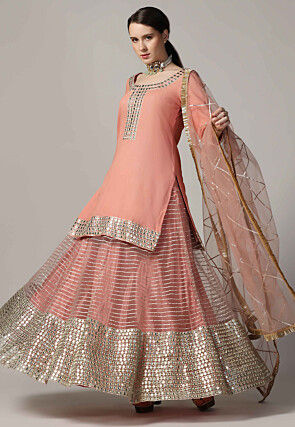 Embroidered Net Lehenga in Peach