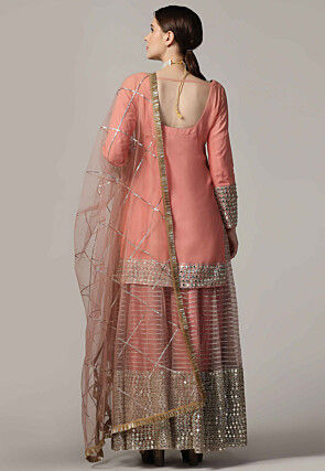 Embroidered Net Lehenga in Peach