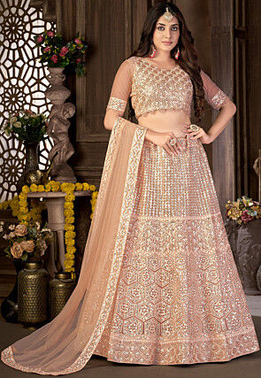 Embroidered Net Lehenga in Peach
