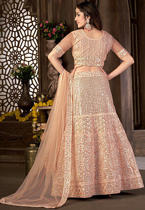 Embroidered Net Lehenga in Peach
