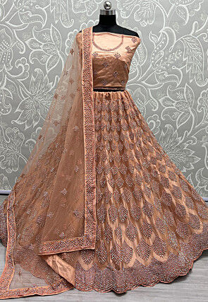 Embroidered Net Lehenga in Peach