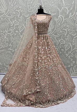 Embroidered Net Lehenga in Peach