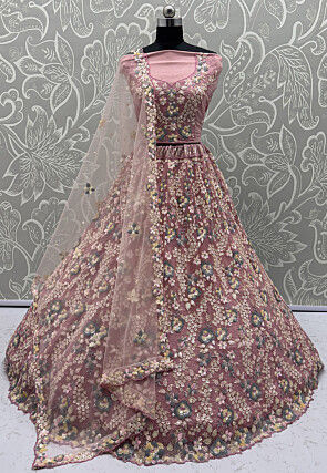 Embroidered Net Lehenga in Peach
