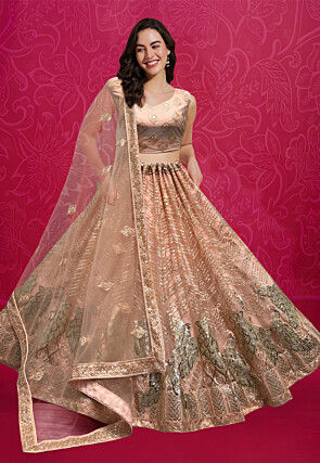 Embroidered Net Lehenga in Peach