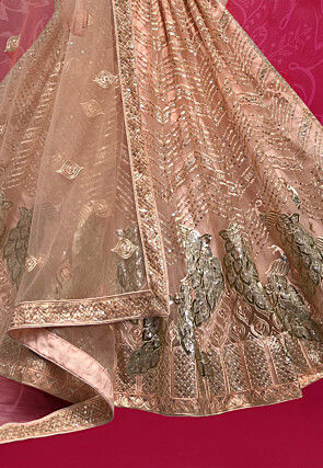 Embroidered Net Lehenga in Peach