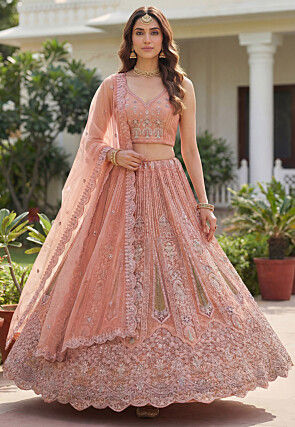 Embroidered Net Lehenga in Peach