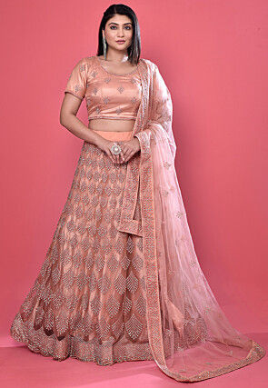 Embroidered Net Lehenga in Peach