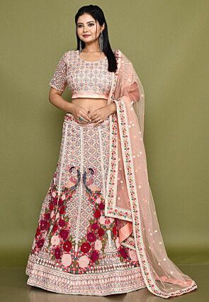 Embroidered Net Lehenga in Peach