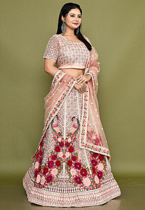 Embroidered Net Lehenga in Peach