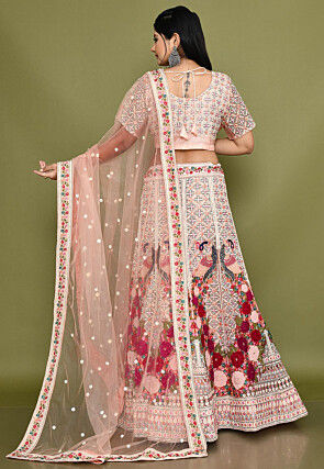 Embroidered Net Lehenga in Peach