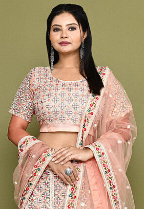 Embroidered Net Lehenga in Peach