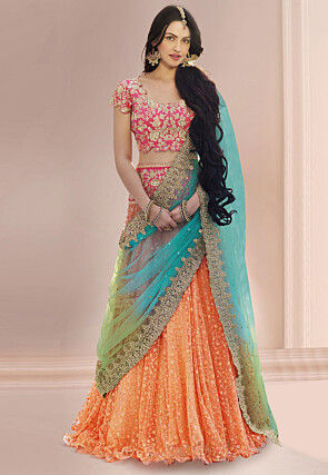 Embroidered Net Lehenga in Peach
