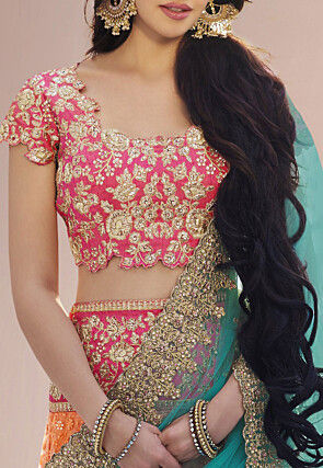 Embroidered Net Lehenga in Peach