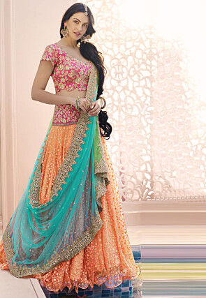 Embroidered Net Lehenga in Peach