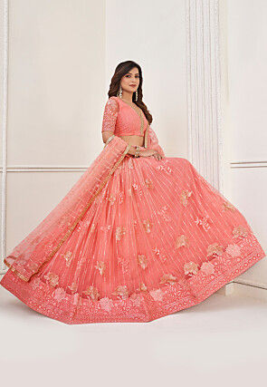 Embroidered Net Lehenga in Peach