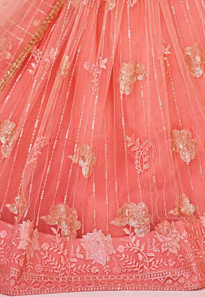 Embroidered Net Lehenga in Peach