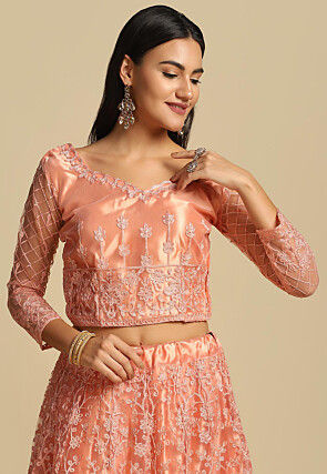 Embroidered Net Lehenga in Peach