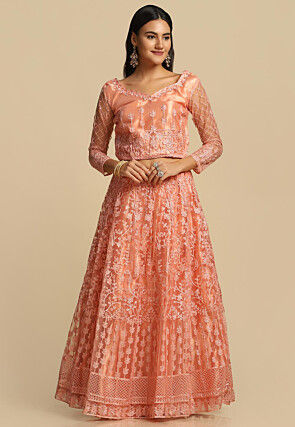Embroidered Net Lehenga in Peach