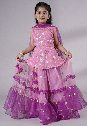 Embroidered Net Lehenga in Pink and Purple