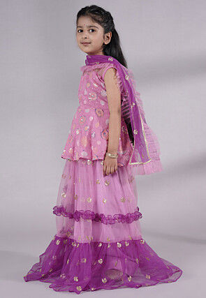 Embroidered Net Lehenga in Pink and Purple