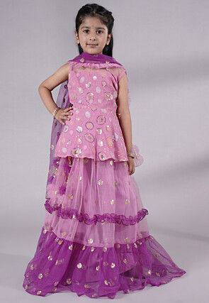 Embroidered Net Lehenga in Pink and Purple