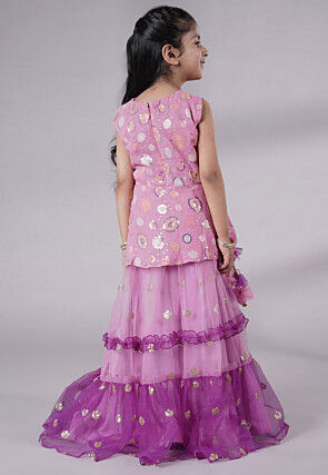 Embroidered Net Lehenga in Pink and Purple