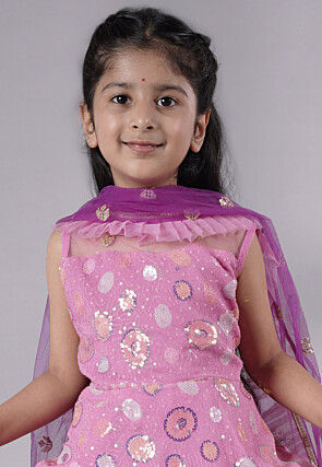 Embroidered Net Lehenga in Pink and Purple