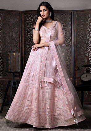 Embroidered Net Lehenga in Pink