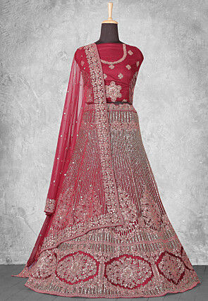 Embroidered Net Lehenga in Pink