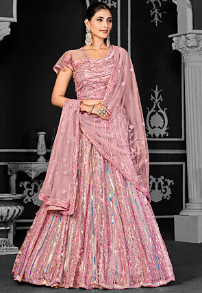 Embroidered Net Lehenga in Pink