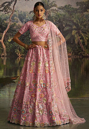 Embroidered Net Lehenga in Pink