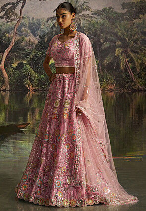 Embroidered Net Lehenga in Pink