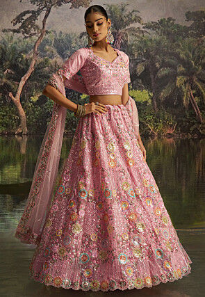 Embroidered Net Lehenga in Pink