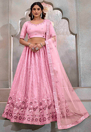 Embroidered Net Lehenga in Pink