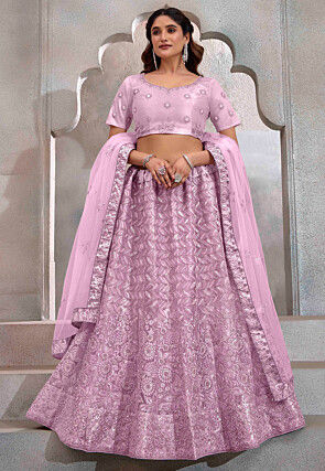 Embroidered Net Lehenga in Pink