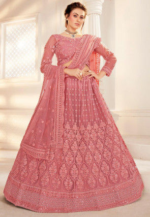 Embroidered Net Lehenga in Pink