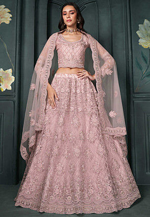 Embroidered Net Lehenga in Pink