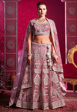 Embroidered Net Lehenga in Pink