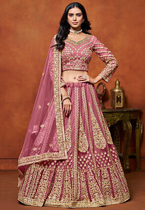 Embroidered Net Lehenga in Pink